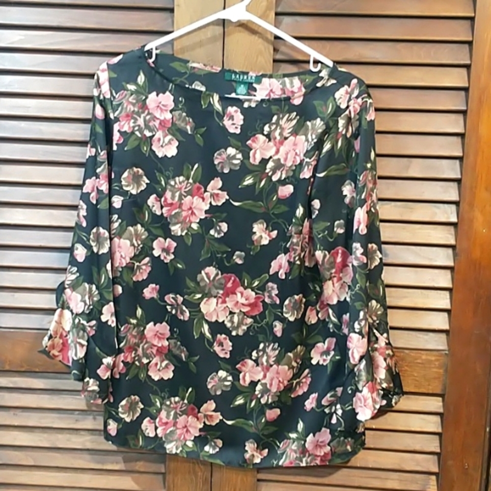 Lauren by Ralph Lauren Floral 3/4 sleeve boat neck shirt size medium